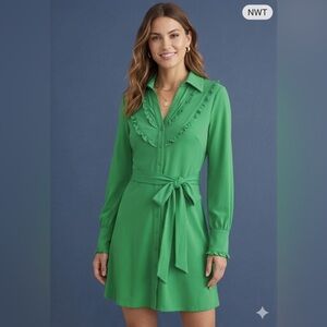 NWT BCBGMAXAZRIA Shirt Dress Womens Size M Emerald Green Ruffle Tie Belt Mini